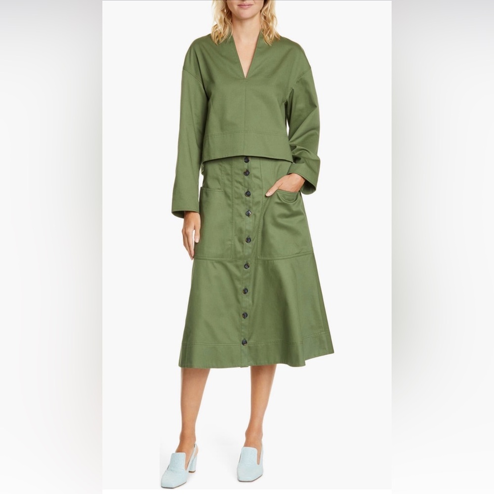 Tibi Harrison Chino Sculpted Slit-neck Cotton-twill Blouse Army Green Size Large